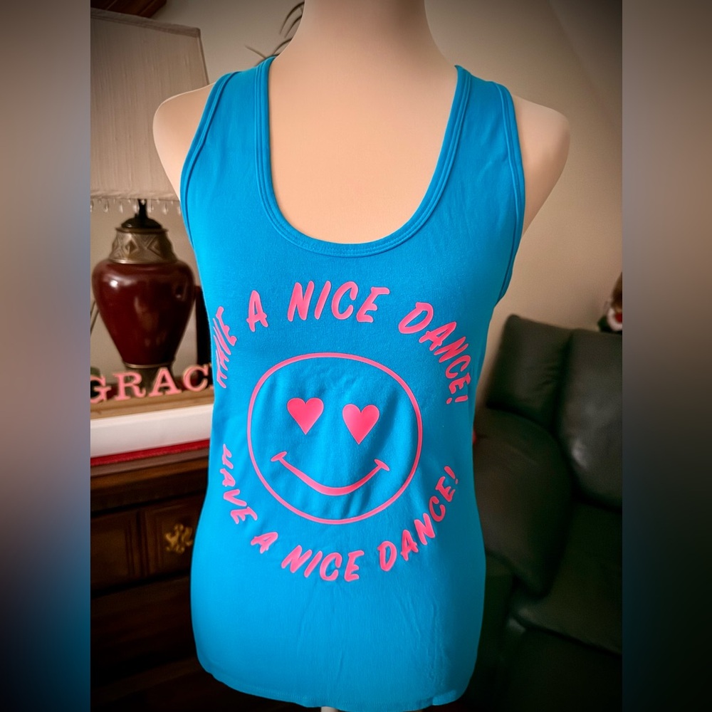 NWOT Zumba Fitness Blue Tank Top with Pink Graphic